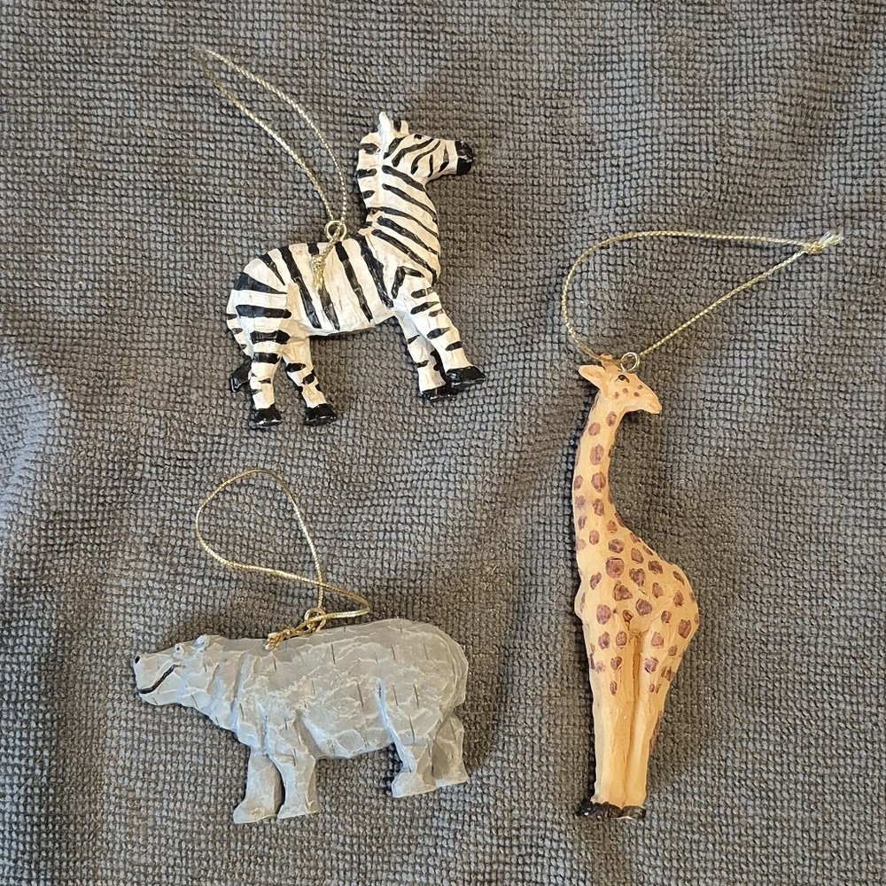 Ornaments Safari Theme Christmas Tree Zebra Giraffe Hippo Resin Handpainted Set